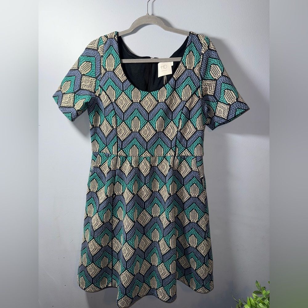 Anthropologie HD In Paris Hollyhock Geometric Skater Dress Short Sleeve L indie